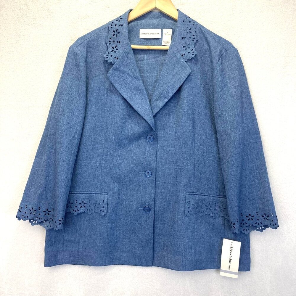 NWT Alfred Dunner Button Up Blazer Jacket Womens 18 Blue Eyelet Scalloped